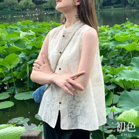 初色 清涼感文藝棉麻風圓領圖騰刺繡輕薄無袖背心馬甲上衣女上衣-白色-33711(M-2XL可選)