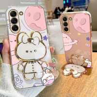 S 21 23 Planet Mirror Rabbit Phone Holder Case On For Samsung Galaxy S23 S21 S20 S22 S24 S10 Note 10 20 Plus Ultra S21 Fe Cover