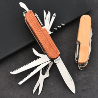 11in 1Multi -functional Outdoor Combination Tool Camping Swiss Army Knife of Wooden Handle Stainless Steel Folding Knife