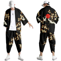 Two-piece Suit Samurai Crane Japanese Cardigan Women Men Cosplay Yukata Clothing Harajuku Tradition Kimono + Pants Sets Haori