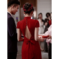 紅色旗袍敬酒服新娘結婚晚禮服裙女中式出門紗露背訂婚宴2022新款
