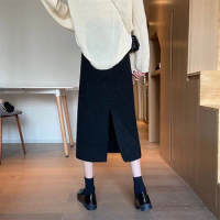 Original Design Bling Flash Black Skirt Women Autumn Winter Elastic Waist Slim Slit Mid-Length Skirt q80
