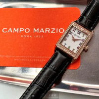 CampoMarzio20mm, 26mm方形玫瑰金精鋼錶殼白色錶盤真皮皮革深黑色錶帶款CMW00010