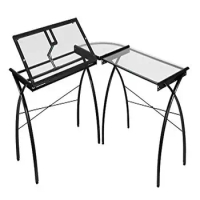 Adjustable Glass Top Drafting Table Craft Desk Hobby Workcenter Studio Black 59"W x 29.5"H Multi-Purpose Modern L-Shape
