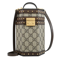 【GUCCI 古馳】Padlock GG 限定款經典雙G印花拼接迷你硬殼復古包兩用包(駝咖)