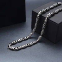 Real 925 Sterling Silver 8mm Six-Word Oval Bead Link Chain Necklace 21.6"-23.6"