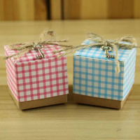 Wholesale 3000pcs/lot pink blue Plaid kraft candy box wedding candy boxes birthday favor party gift box bag party decorations