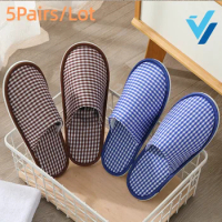 5Pairs/Lot Hotel Slippers Men Women Plaid Cotton Vamp EVA Sole Cheap Disposable Travel Hospitality SPA Shoes Guest Slides
