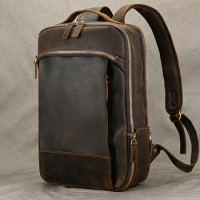 Vintage Travel Backpack leather double zipper bagpack male crazy horse leather backpack handmade leather travel bag men bag