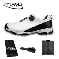 高爾夫球鞋 男士防水鞋子 pgm旋轉鞋扣運動鞋 GSH090 白 黑 配POSMA鞋包 2合1清潔刷 高爾夫毛巾