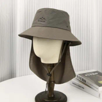 Men Bucket Hat Letter Embroidery Leather Label Cowboy Hat Waterproof Outdoor Hiking Fishing Cap Light 8cm Brim Anti-UV Sun Hat