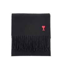 【AMI PARIS】經典品牌紅色小愛心LOGO羊絨流蘇圍巾(黑色)