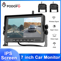 Podofo 7'' Car Monitor Dual Wireless Reverse Camera IP68 Waterproof Rear View Camera Dashboard Touch Screen 5W 12V Back Up Cam