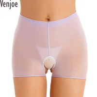 Womens Sexy Crotchless Panties See-through Boxer Brief Open Crotch Underwear Underpants Stretchy Shorts Lingerie Nightwear