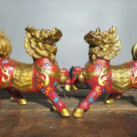 8"Tibetan Temple Collection Old Bronze Cloisonne Enamel Kylin Unicorn A pair Fire Kirin Amass wealth Town House Exorcism