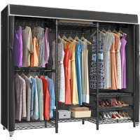 Black Metal Clothing Rack With Black Cover Wardrobe Adjustable Custom Freestanding Closet Wardrobe Open Cabinet Home Furniture