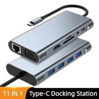 USB C Hub Adaptor Laptop Type C 11 In 1 RJ45 Connector VGA Cable Display Port To HDMI-Compatible 4K Lan Ethernet HDTV PD TF Card
