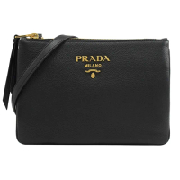 【PRADA 普拉達】簡約金屬LOGO荔枝皮革三層包方包斜背包(黑)
