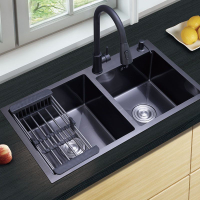 可開發票 黑色納米304不銹鋼多功能水槽廚房洗碗池單槽雙槽加厚臺上中下盆