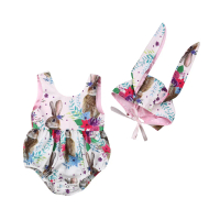 Set backhoe bayi perempuan, tanpa lengan, arnab bercetak, backhoe + topi