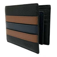 COACH 男款8卡對折短夾附活動式證件夾(黑/咖藍橫紋)