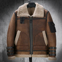 New Mens Sheepskin Shearling Jacket B3 Flight Jacket Short Fur Coat Winter Hunting Jacket Brown Leather Jacket