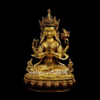 Tibet 24K Gold Four Arms Kwan-Yin Guan Yin Bodhisattva Buddha Statue