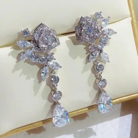 Custom Solid 10K White Gold Women Stud Earrings Rose Flower Water Drop Moissanite Diamonds Wedding Party Engagement Anniversary