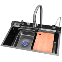 750*460mm Gun Grey Kitchen Sink set multifunctional SUS304 Stainless steel Kitchen Sink Set Top Quality Hot cold water faucet
