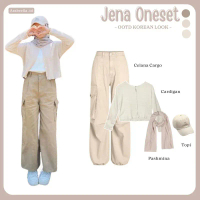 Outfitset OOTD - Setelan Wanita Jena / Celana Cargo / Cardigan Kancing Rajut Melar Tebal / Jilbab Pa