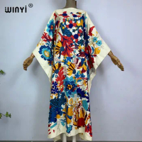 WINYI 2023 new kuwiat Fashion boho Popular printed Silk Kaftan Maxi dress Summer Beach Bohemian kaftan long dress for lady