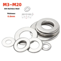 10~100Pcs Thickness0.8mm Flat Washer M3M4M5M6M8M10M12M14M16M18M20 304 A2 Stainless Steel Metal Plain Gasket Rings for Screw Bolt