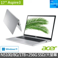 【贈M365】Acer A317-33-C6ZM 17.3吋雙碟超值文書筆電-銀(N5100/8G/1TB+256G SSD/Win11)
