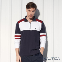 【NAUTICA】立體撞色拼接立領長袖POLO衫(深藍)
