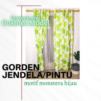 Gorden Hijau Motif Daun Monstera - Gorden Jendela Katun Smokring