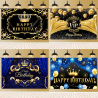 Black Gold Happy Birthday Background Crown Birthday Photozone Photo Curtain Birthday Party Backdrop Wall Deocr Supplies