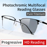 Photochromic Progressive Multifocal Reading Glasses,Rectangular Frame Magnifying Glass,Tinted Eyeglasses,Presbyopic Glasses