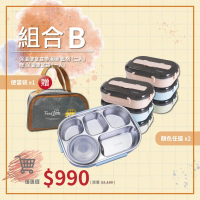 【MASIONS 美心】可微波 304不鏽鋼分隔保溫便當盒-五格(附餐具\湯碗)-二入#青川藍五格*1+櫻花粉五格*1-青川藍五格*1+櫻花粉五格*1