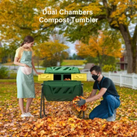 Yard Waste Bin, Compost Tumbler Bin Composter Dual Chamber 43 Gallon (Bundled with Gardening Gloves), Yard Waste Bin