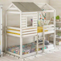 Twin Over Twin Bunk Bed Wood Loft Bed with Roof, Window, Guardrail, Ladder (Antique White )