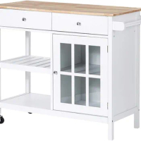 ChooChoo Rolling Kitchen Island Portable Kitchen Cart Wood Top Kitchen Trolley with Drawers and Glass Door Cabinet