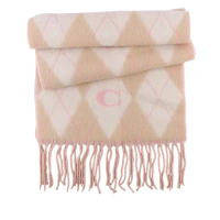 【COACH】C Logo 拼色菱格紋羊毛圍巾(象牙白/粉色)