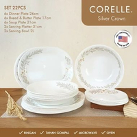 CORELLE Silver Crown Dinner Set Piring Mangkuk Keramik Kaca Vitrelle Anti Gompal Microwave dan Oven 