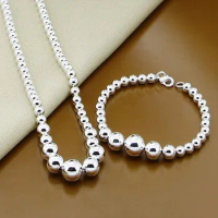 Silver 925 Jewelry Sets For Women Buddha Bead Ball Chain Necklace Bracelet Jewelry Accessories Gift
