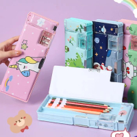 Kawaii Pencil Cases Cartoon Astronaut Double Sided Magnetic Pen Box with Pencil Sharpener Multifunctional Stationery Boy Girl