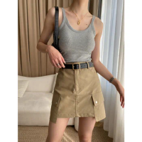 Women American Cargo Short Skirts Casual Summer Cotton Pocket Crop Skort Slim Fit Modern Clothes Solid Button Wrap Hip Fashion