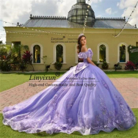 Lavender Lilac Quinceanera Dress With Bow Lace Applique Sequins Beading Sweet 16 Dress Mexican Court Train Vestidos De 15 Anos