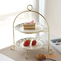 【Just Home】法式奶油色陶瓷雙層蛋糕盤組附架(蛋糕盤/平盤/點心盤)