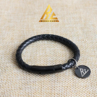 Gelang Kulit Hitam Keren Pria Wanita Original Premium Custom Nama Inisial Logo