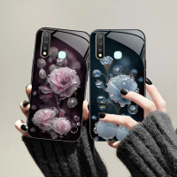 Sarung Telefon, Sesuai untuk Vivo Y19, Kaca Kapsul Bunga Kristal Hitam Phone